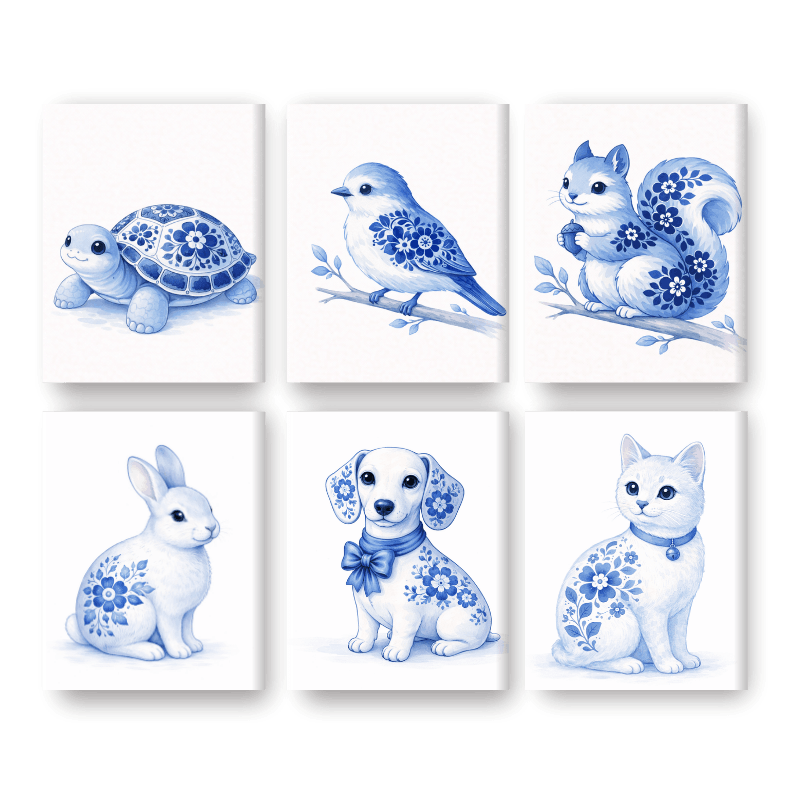 6 Mini Paintings | Delft Blue Animals Set
