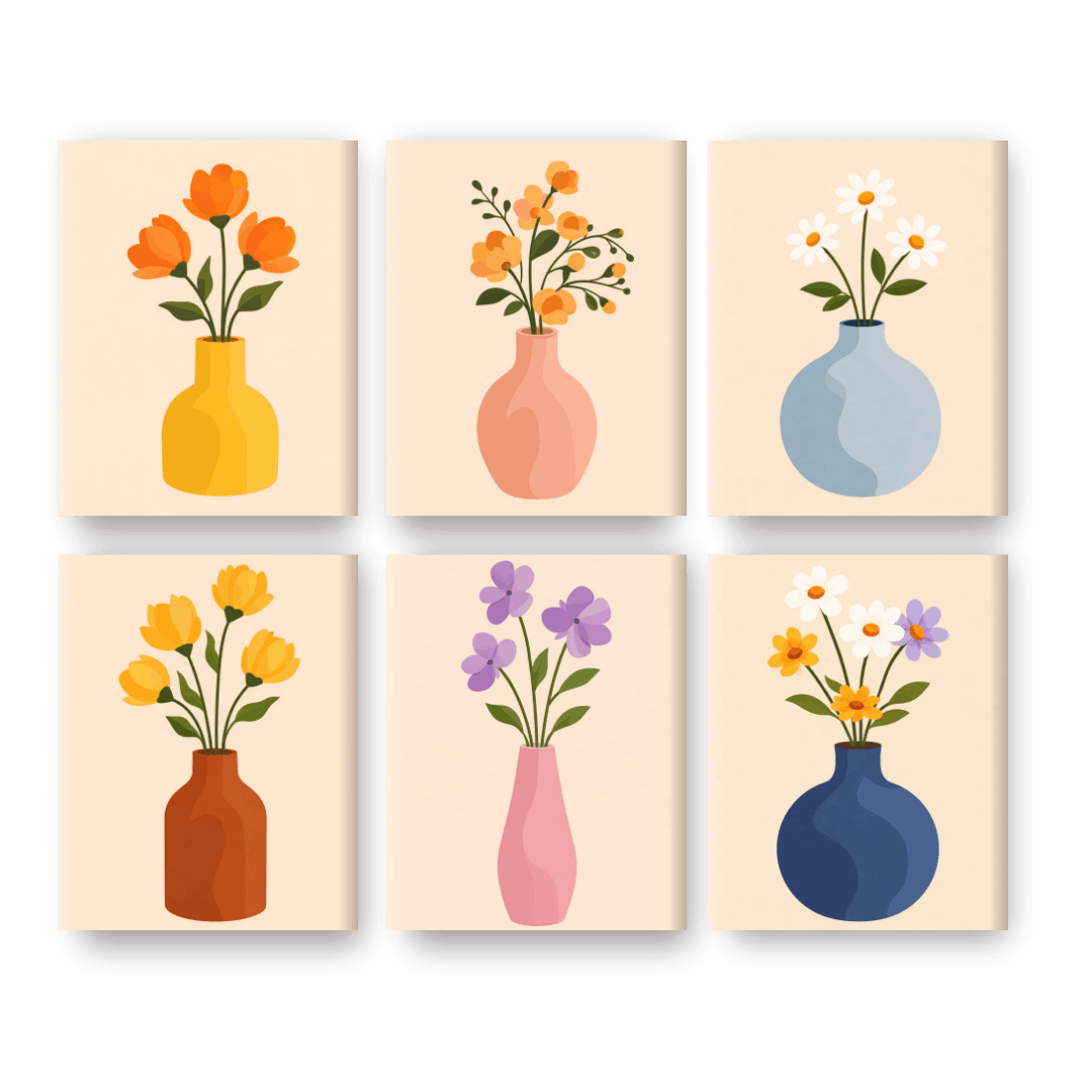 6 Mini Paintings | Flowers & Vases Set
