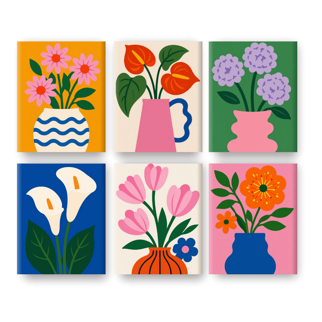 6 Mini Paintings | Modern Bloom Vases Set
