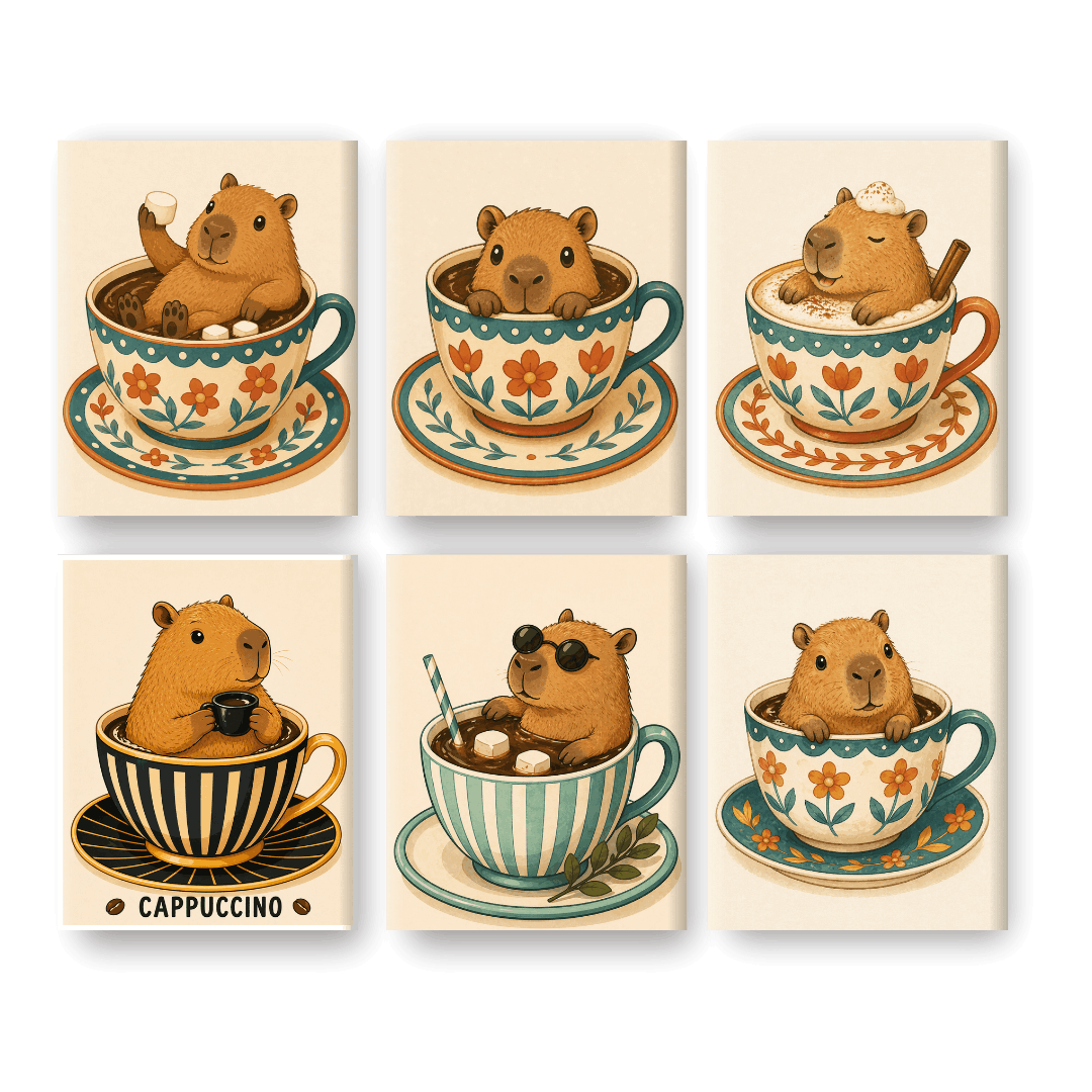 6 Mini Paintings | Capybaras in Cups Set