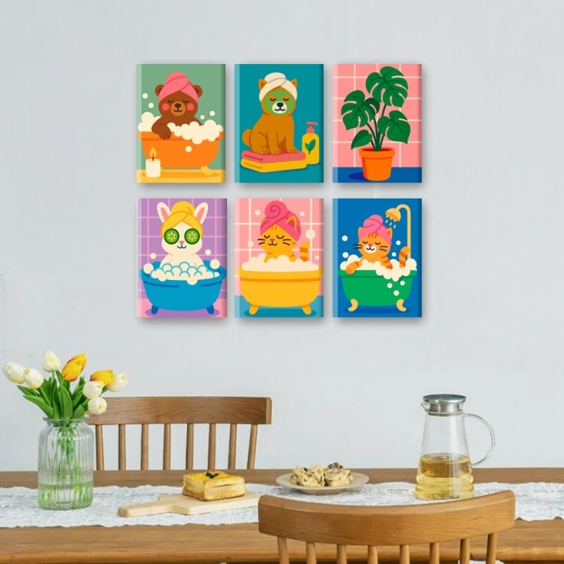 6 Mini Paintings | Bathroom Animals Set
