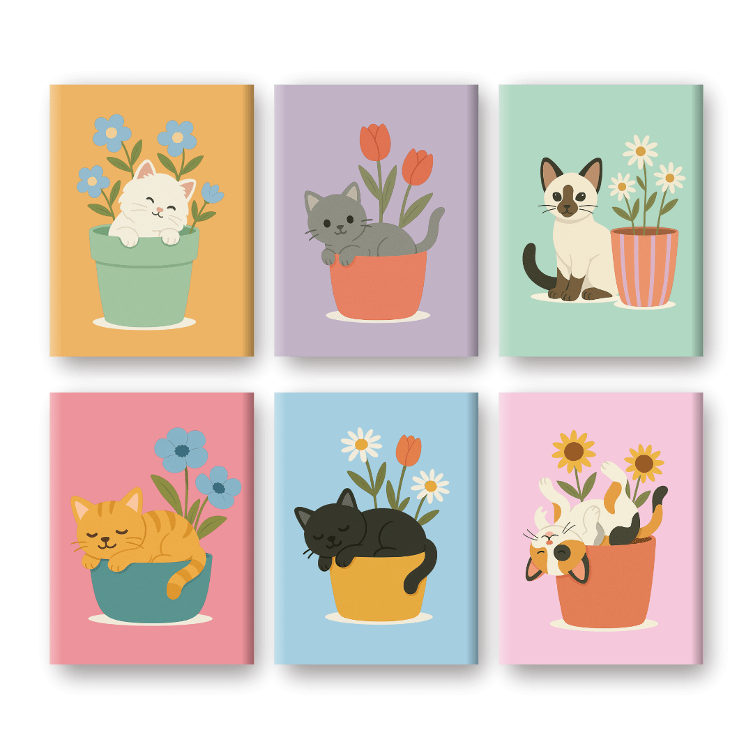 6 Mini Paintings | Cats & Flowers Set