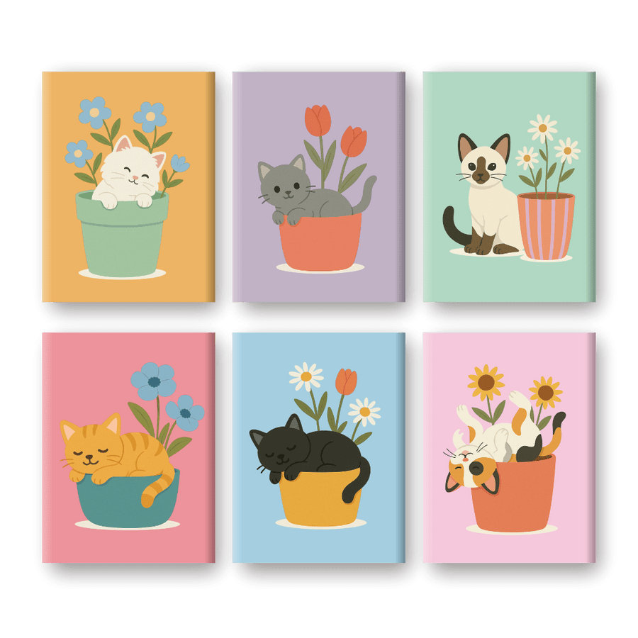 6 Mini Paintings | Cats & Flowers Set