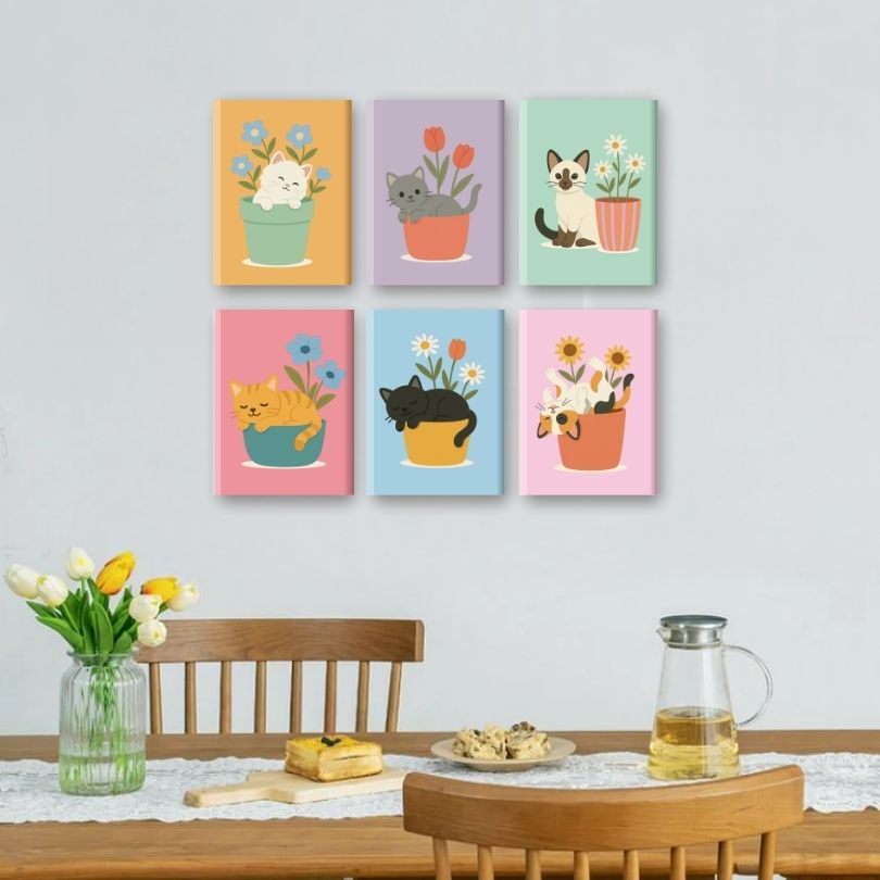 6 Mini Paintings | Cats & Flowers Set