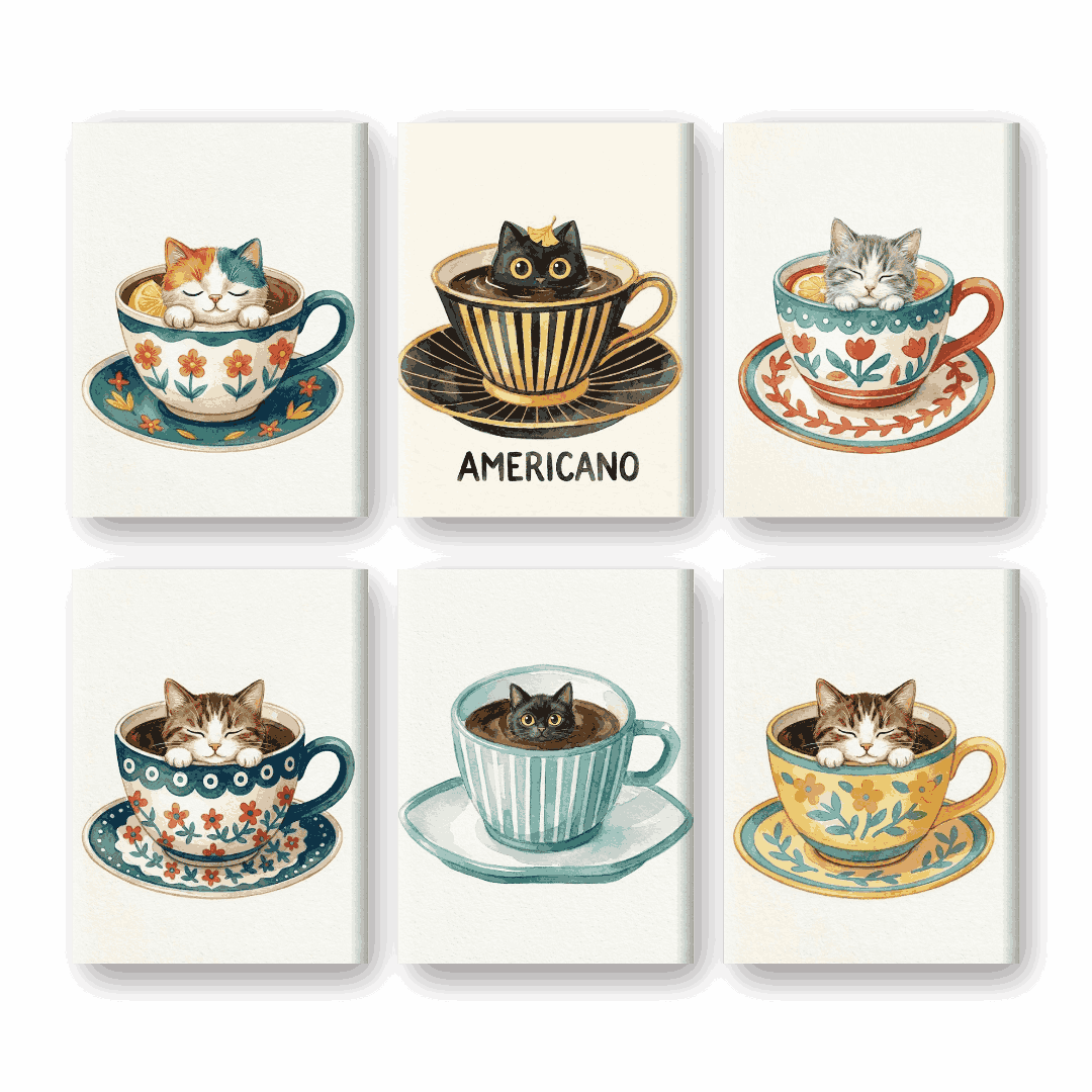 6 Mini Paintings | Cats in Cups Set