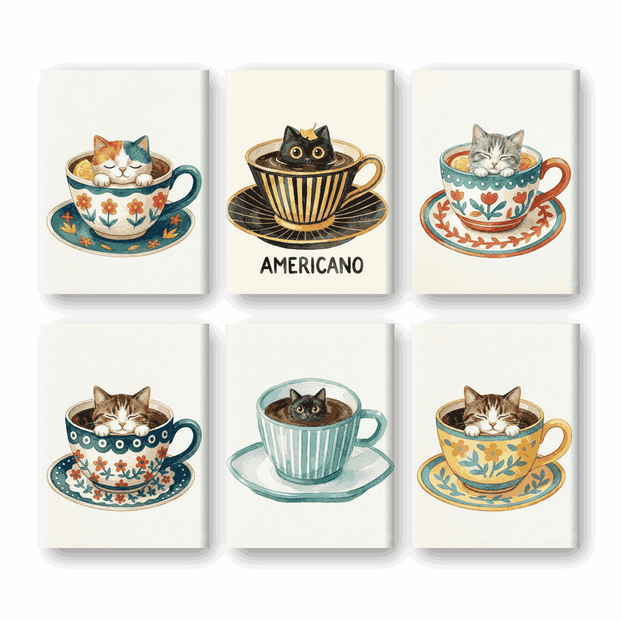 6 Mini Paintings | Cats in Cups Set