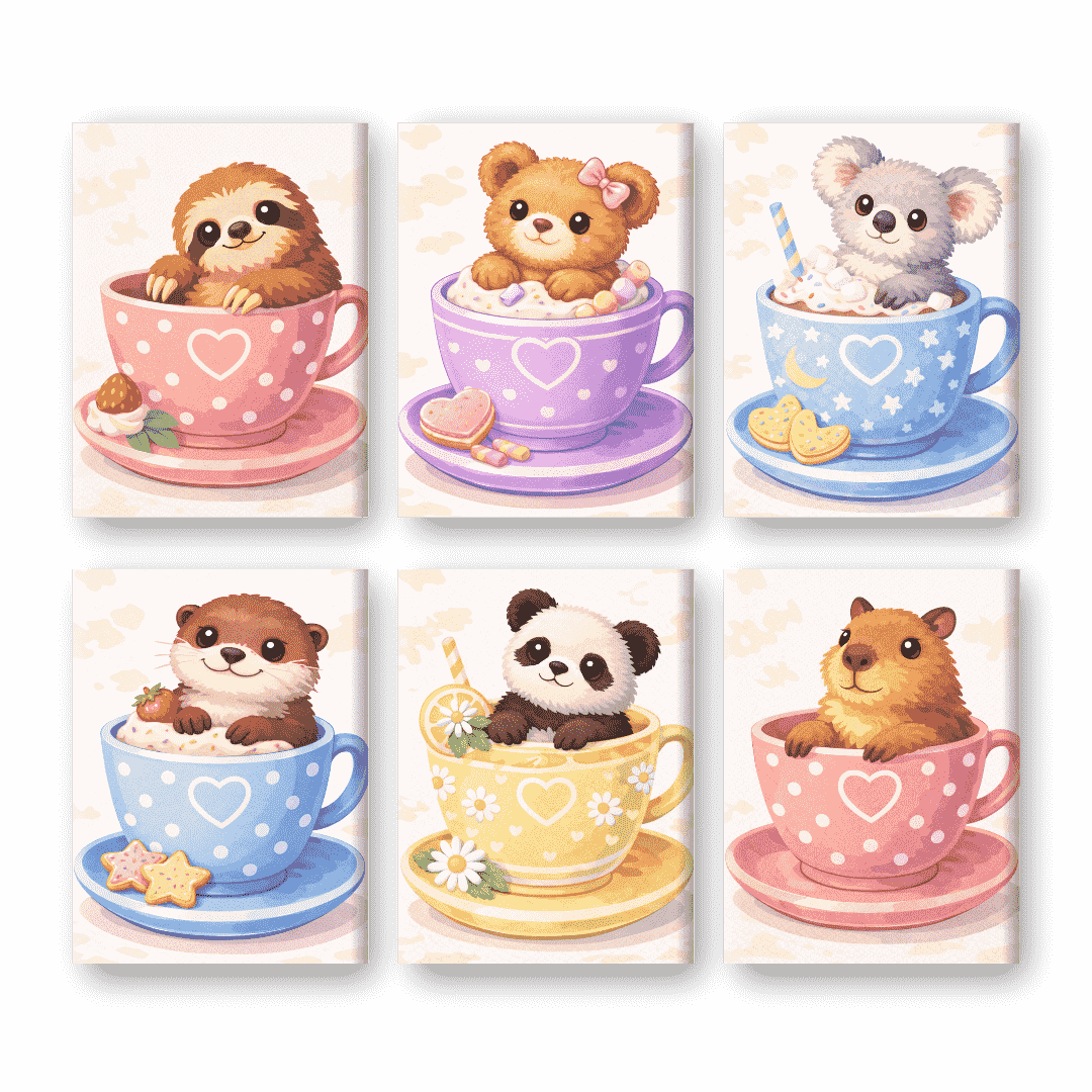 6 Mini Paintings | Cute Animals in Cups Set