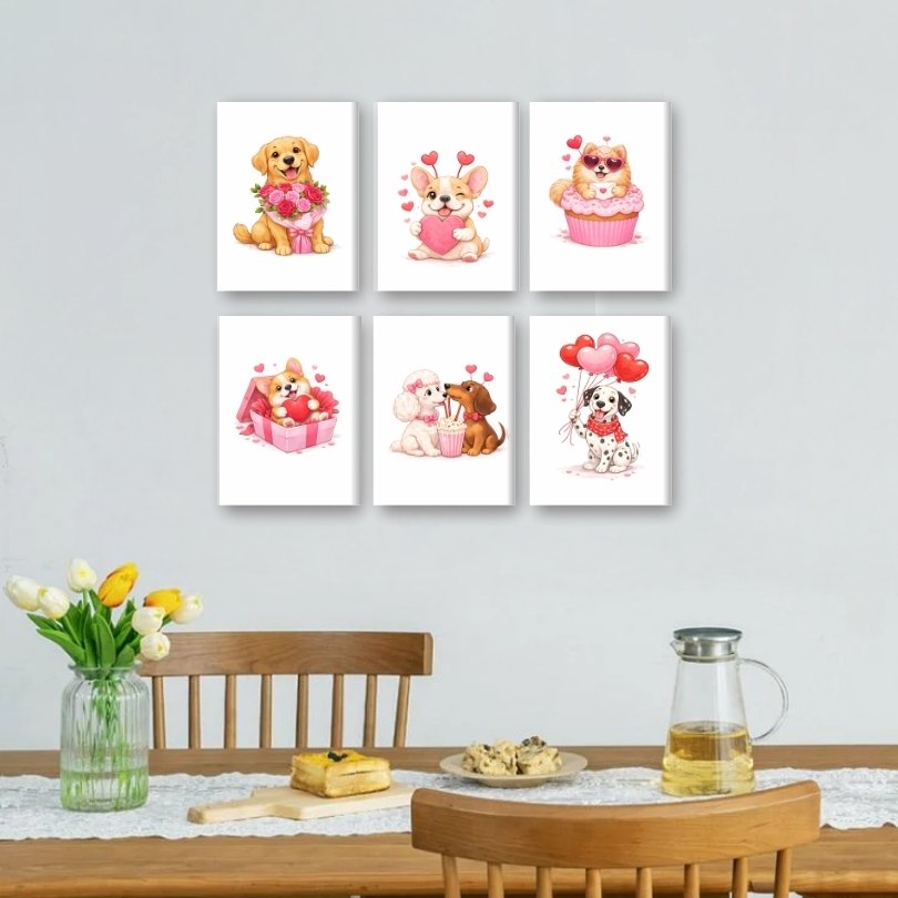 6 Mini Paintings | Valentine Dogs Set
