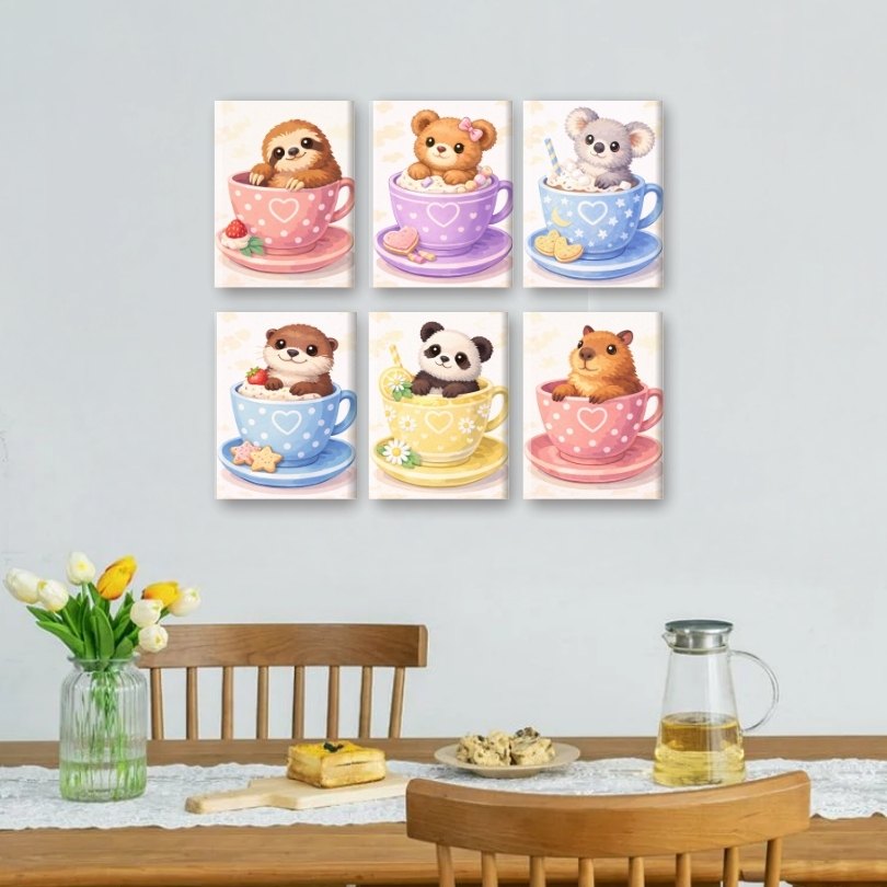 6 Mini Paintings | Cute Animals in Cups Set
