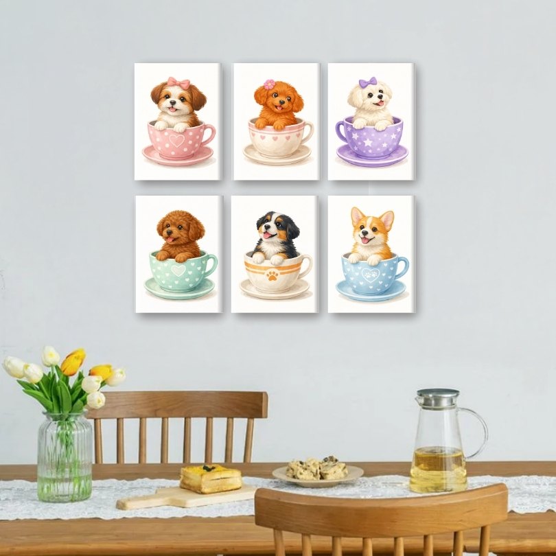 6 Mini Paintings | Cute Dogs in Cups Set