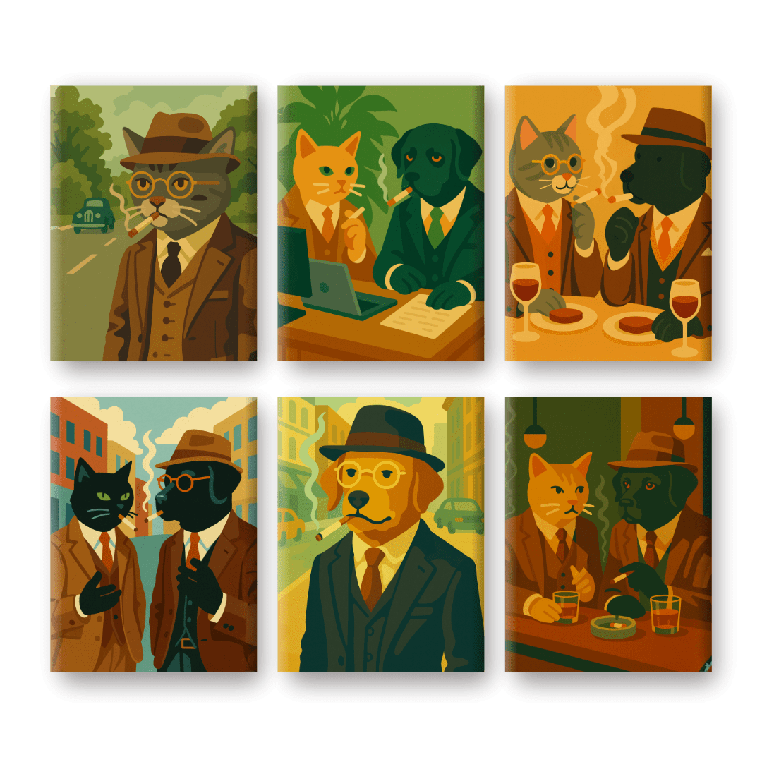 6 Mini Paintings | Detective Cat and Dog Set