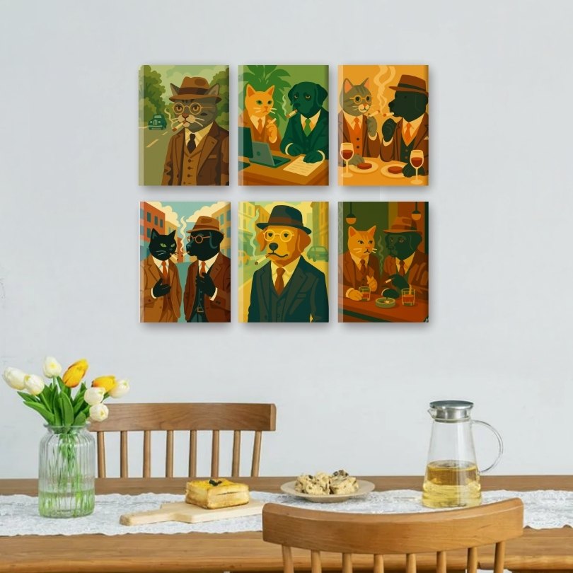 6 Mini Paintings | Detective Cat and Dog Set