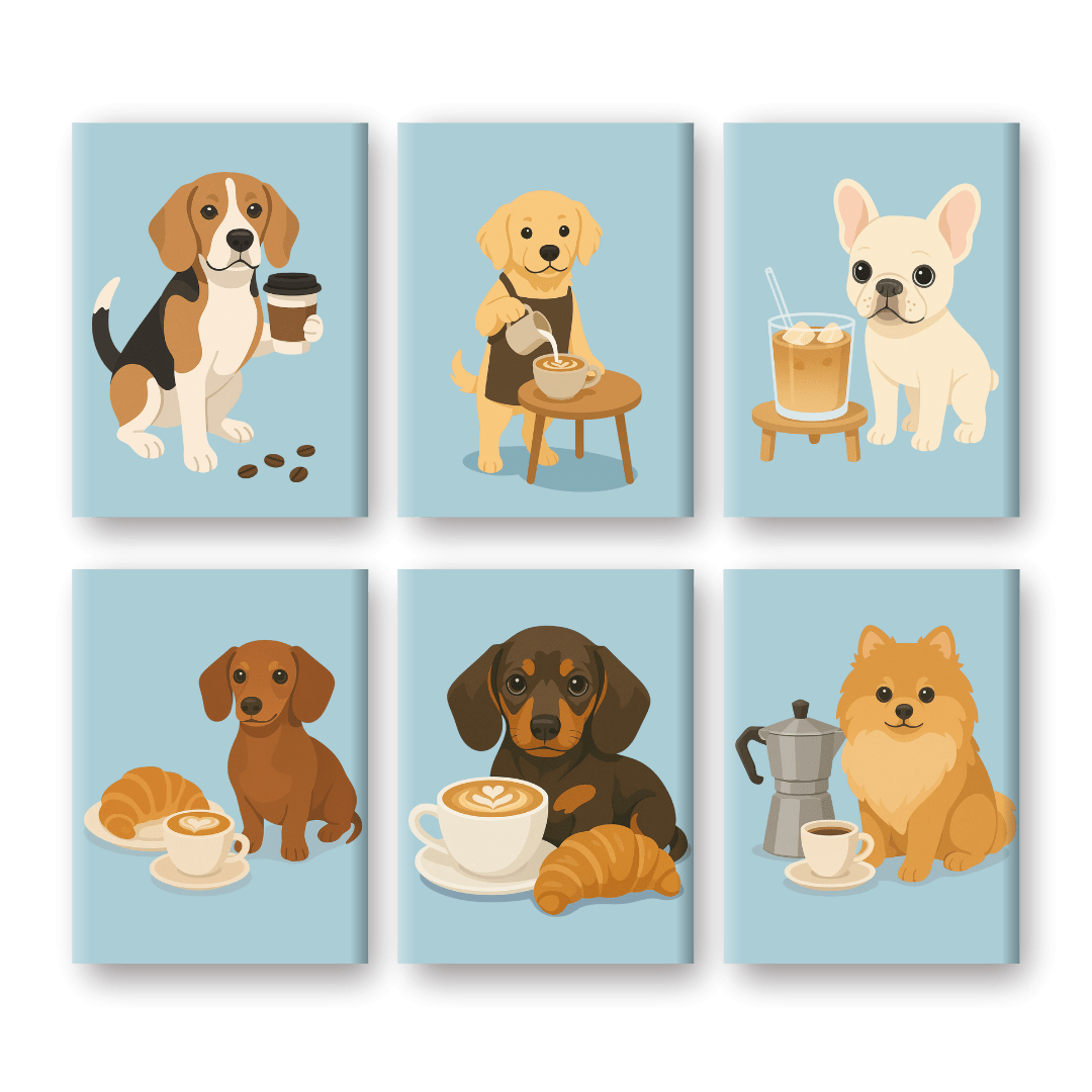 6 Mini Paintings | Dogs & Coffee Set