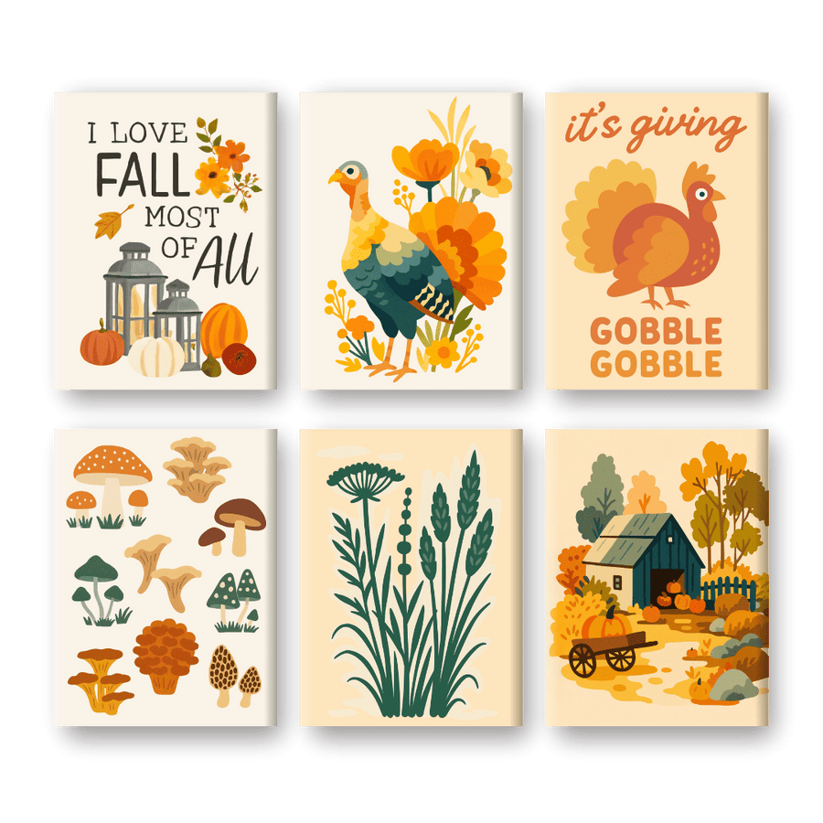 6 Mini Paintings | Autumn & Turkeys Set