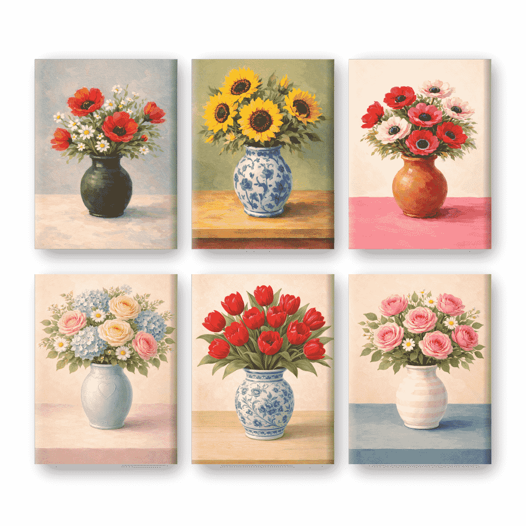 6 Mini Paintings | Flowers in Vases Set
