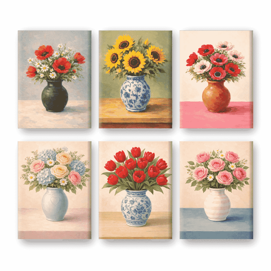 6 Mini Paintings | Flowers in Vases Set