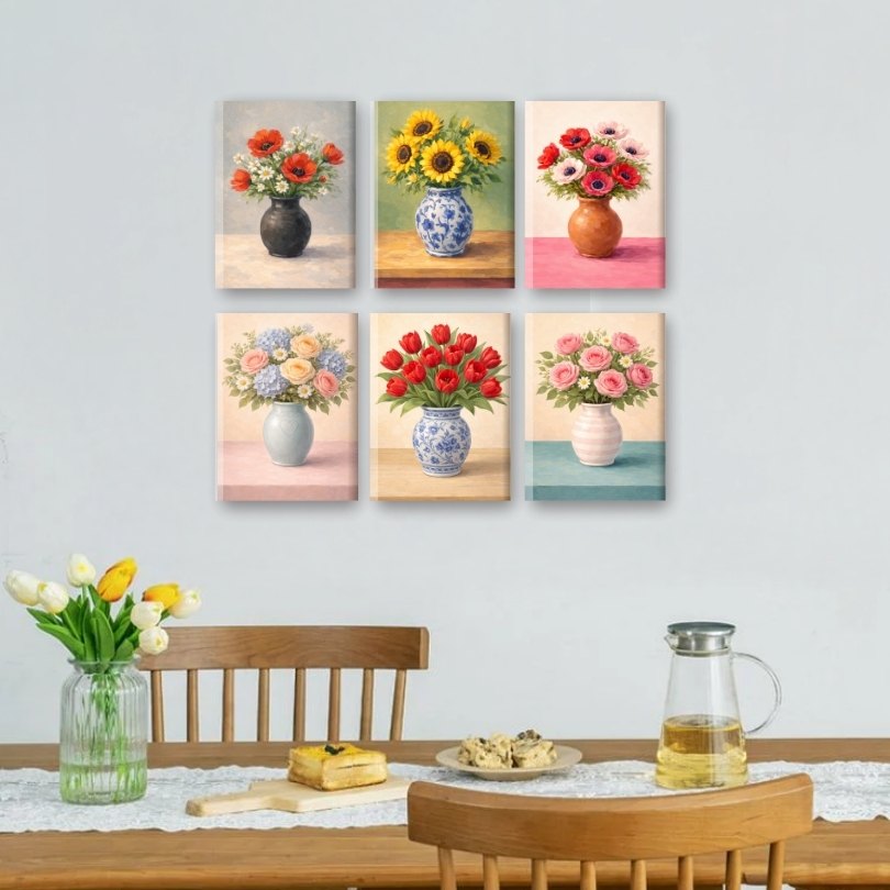 6 Mini Paintings | Flowers in Vases Set