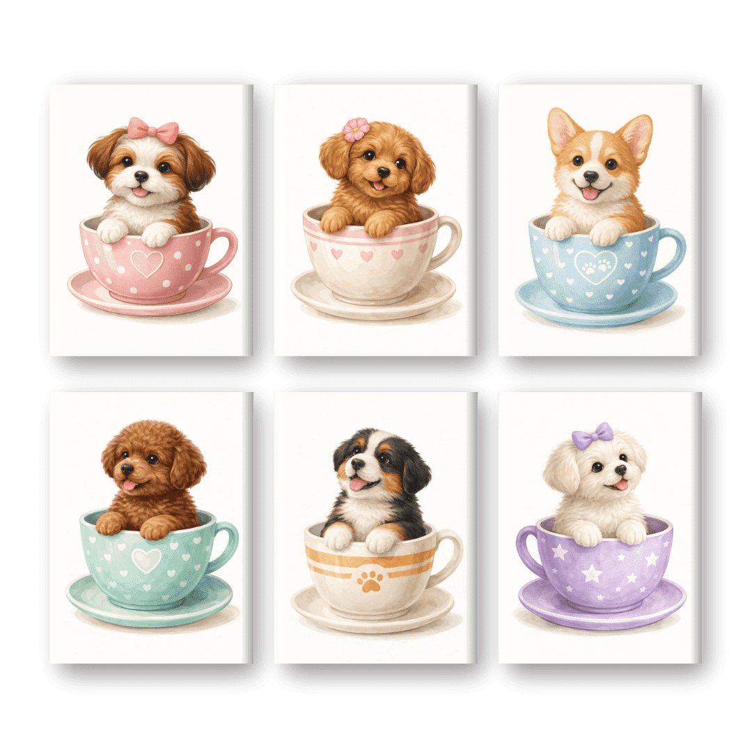 6 Mini Paintings | Puppies in Cups Set