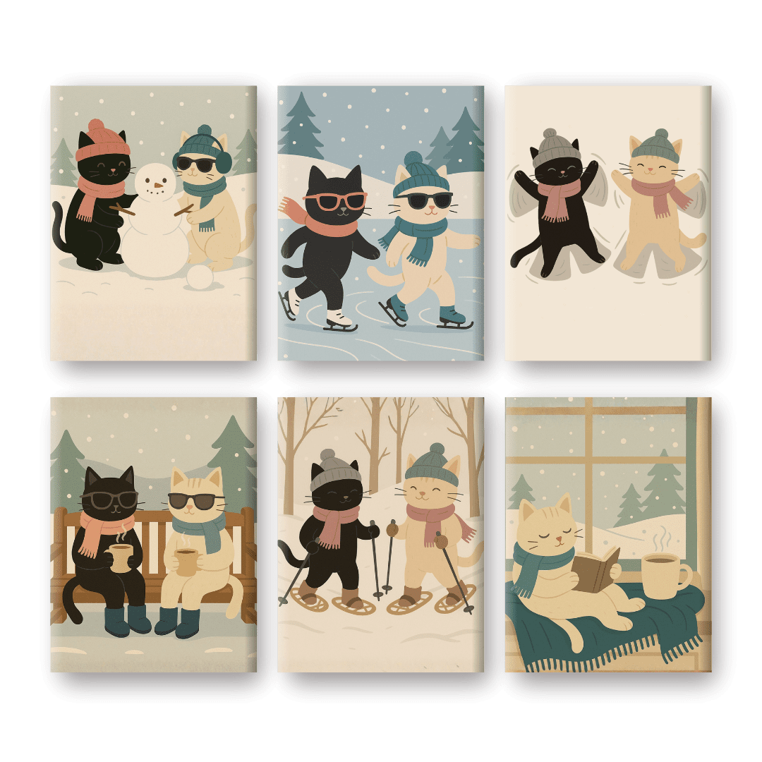 6 Mini Paintings | Winter Cats Set