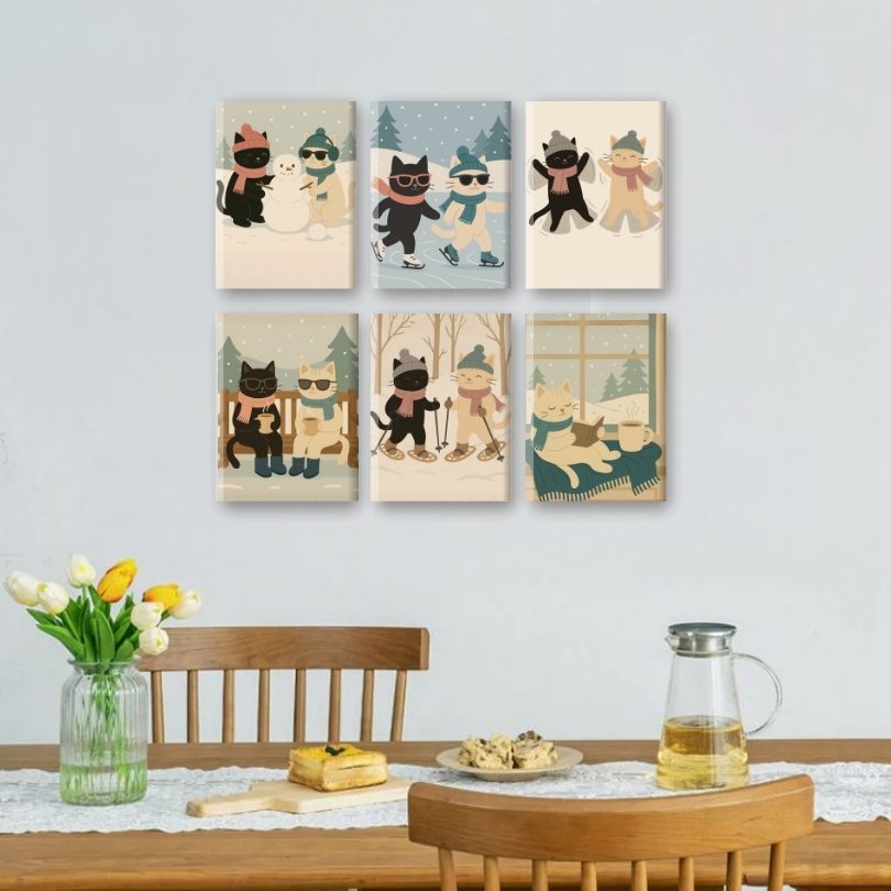 6 Mini Paintings | Winter Cats Set