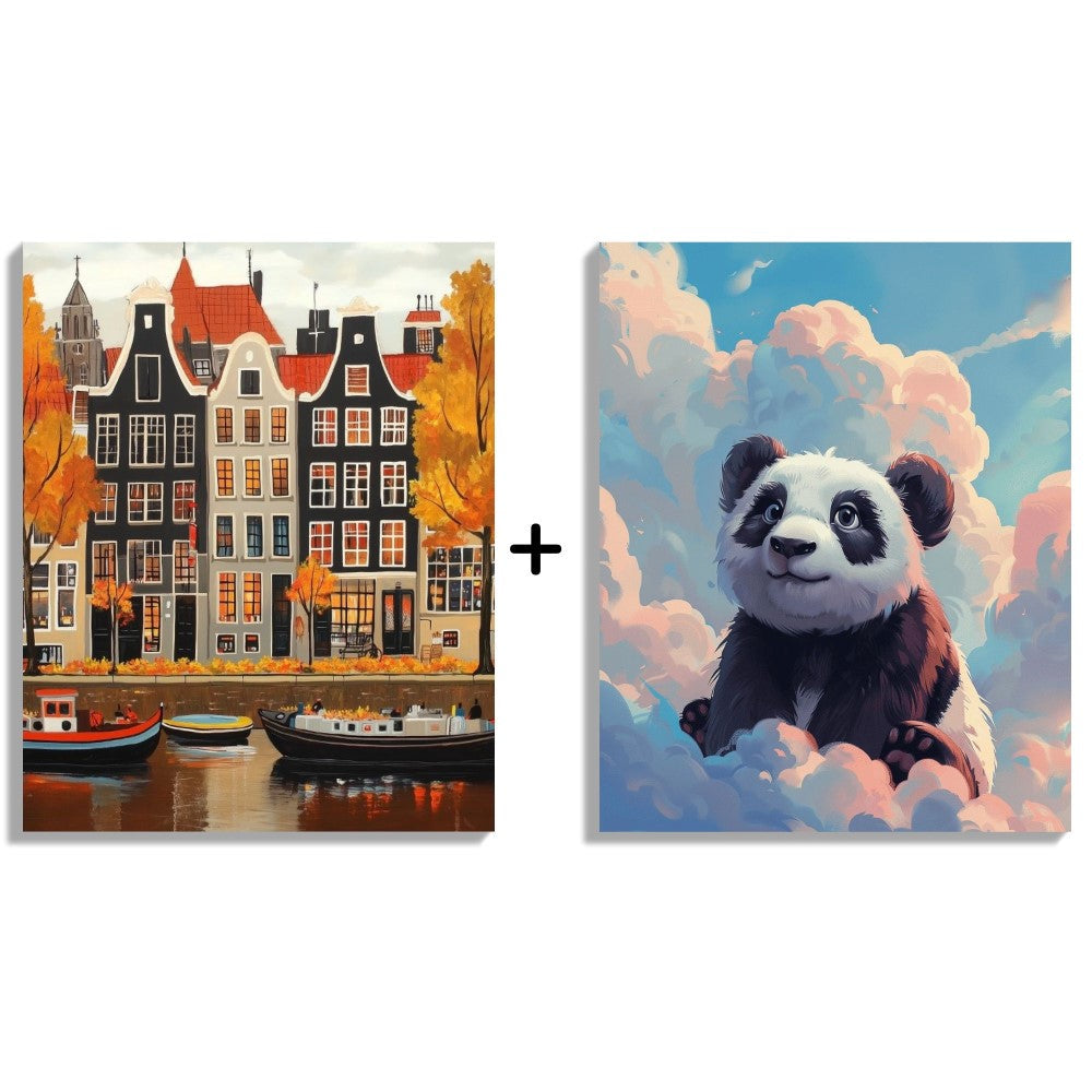2 Mini Paintings | Beautiful Amsterdam & Panda in the Clouds Set
