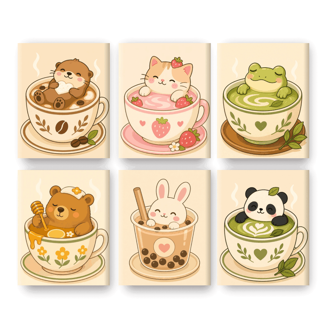 6 Mini Paintings | Animals in Cups Set