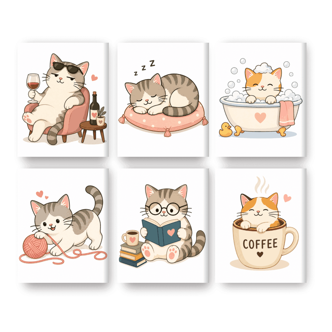 6 Mini Paintings | Kawaii Cat Life Set