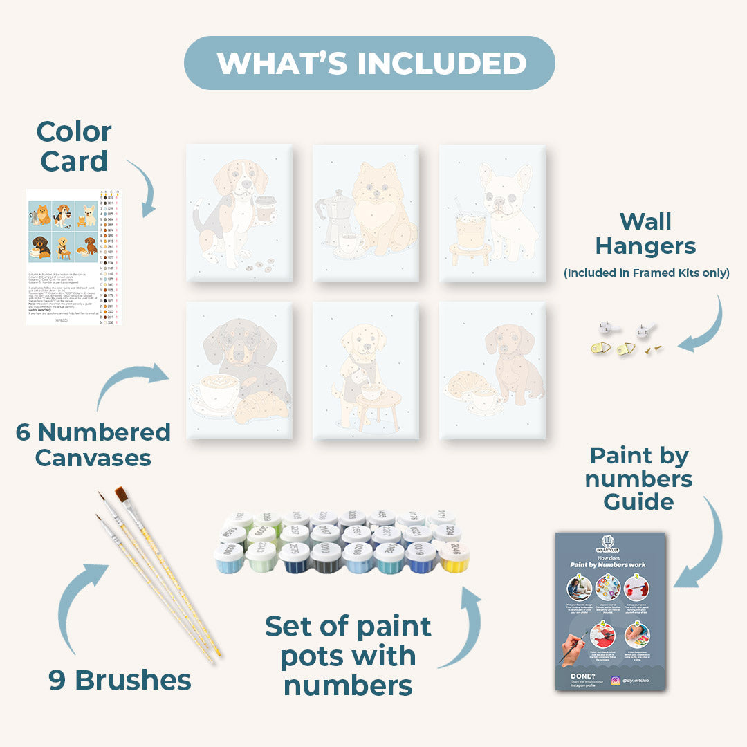 6 Mini Paintings | Dogs & Coffee Set