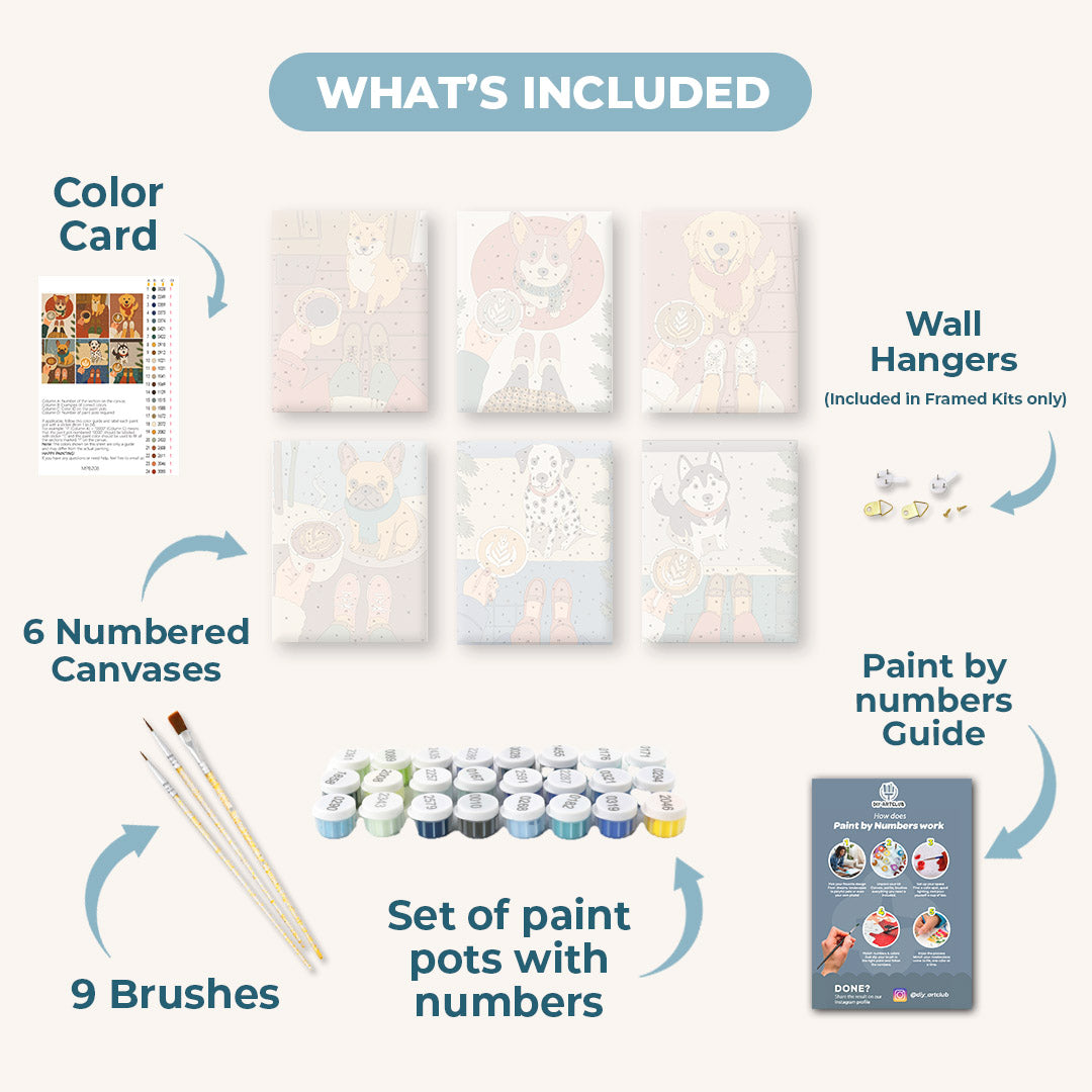 6 Mini Paintings | Winter Coffee & Dogs Set