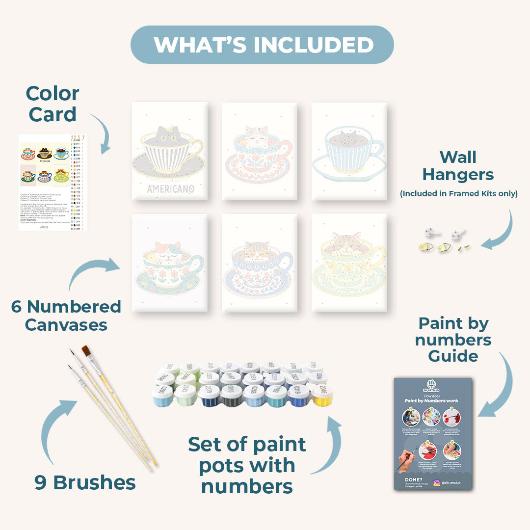 6 Mini Paintings | Cats in Coffee Cups Set