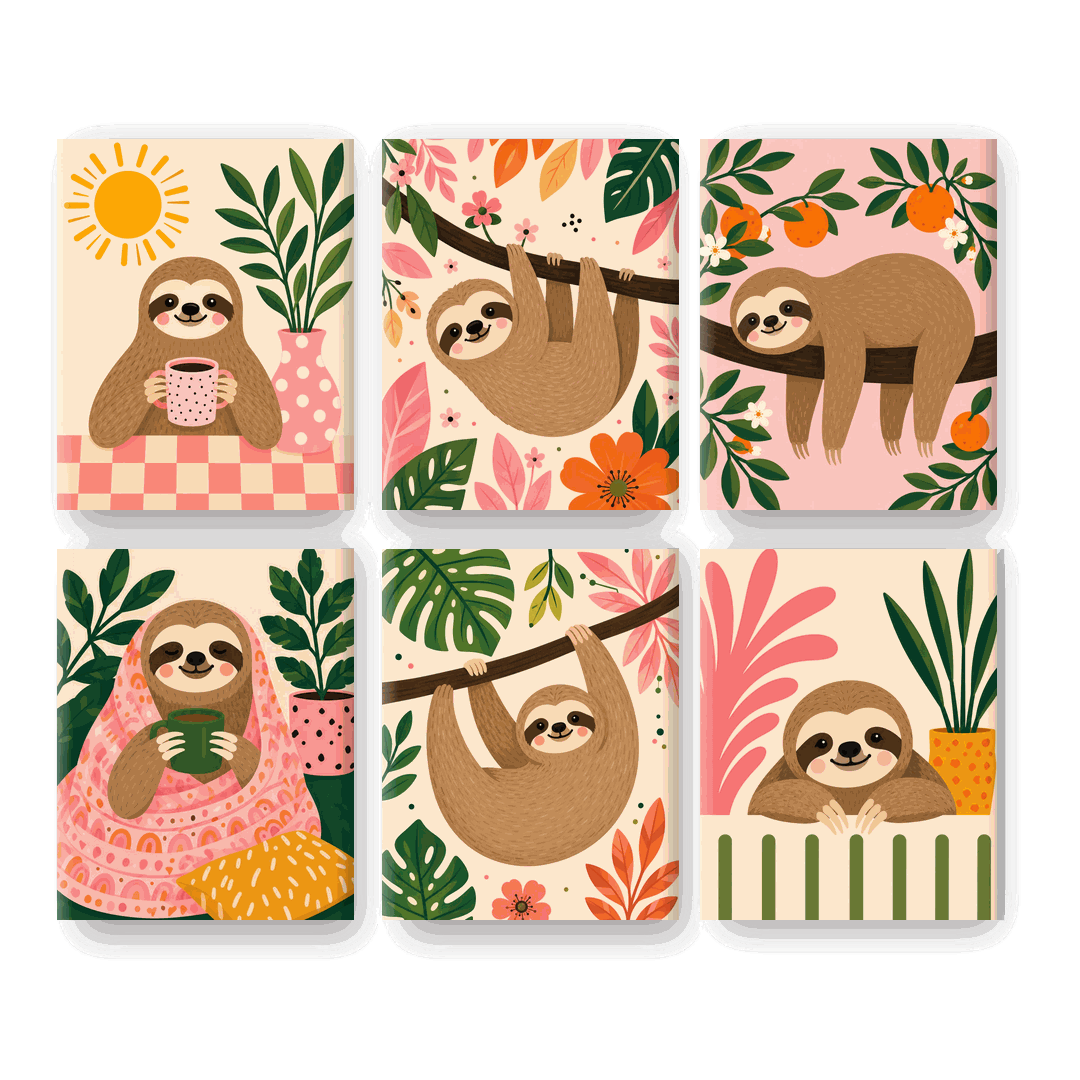 6 Mini Paintings | Morning Sloth Set