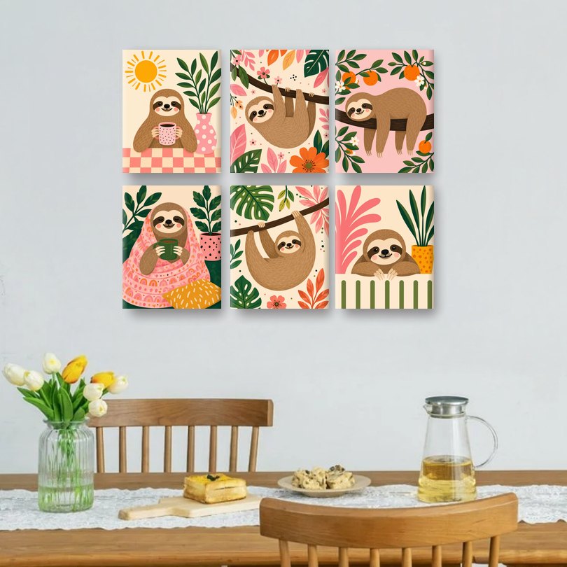 6 Mini Paintings | Morning Sloth Set
