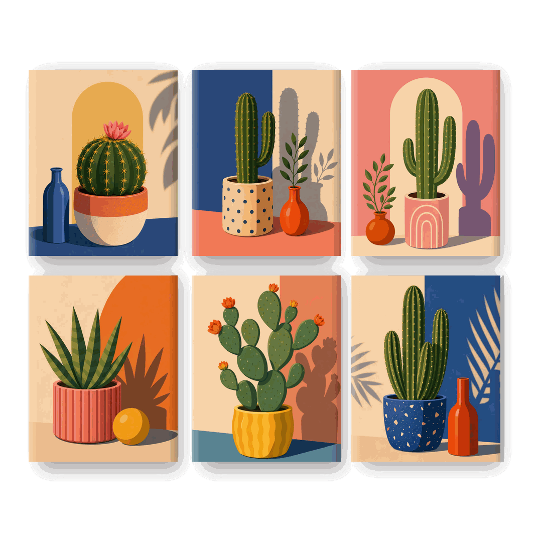 6 Mini Paintings | Blooming Cactus Set