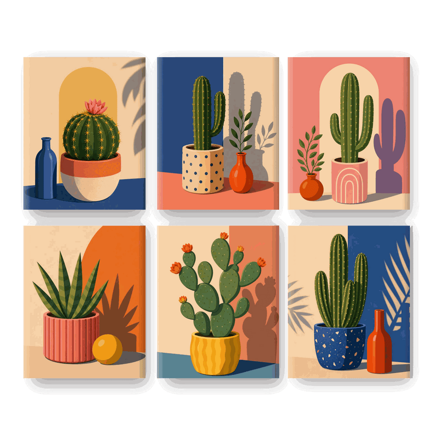 6 Mini Paintings | Blooming Cactus Set