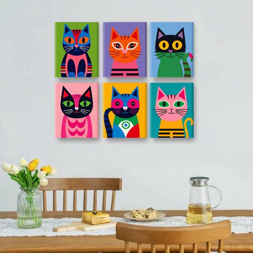 6 Mini Paintings | Cats in Technicolor Set