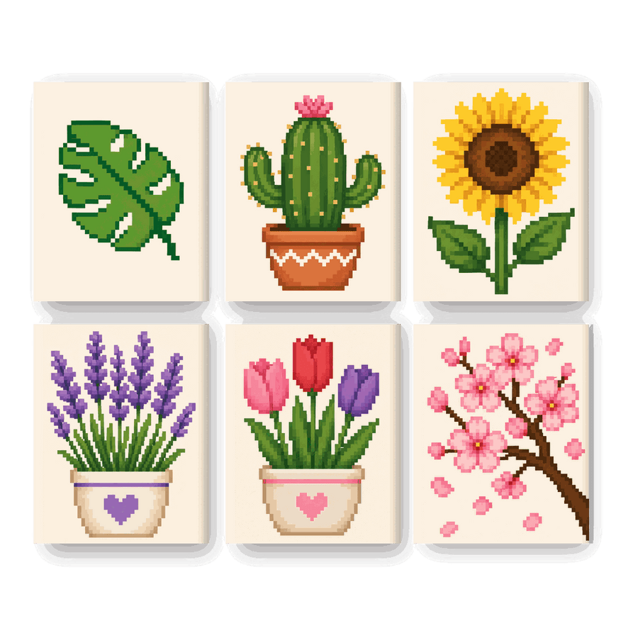 6 Mini Paintings | Pixel Flowers Set