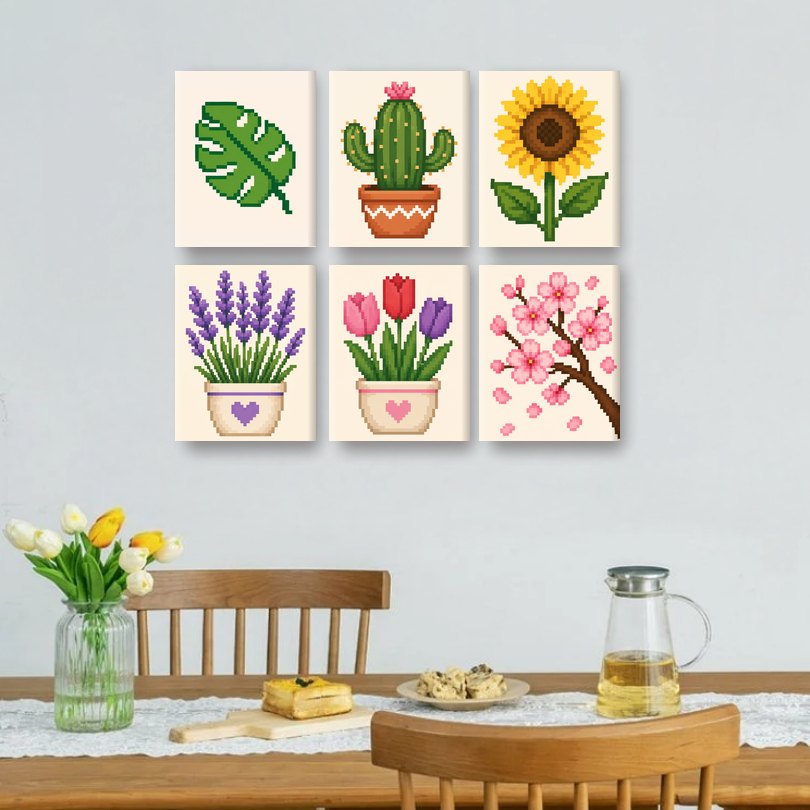 6 Mini Paintings | Pixel Flowers Set