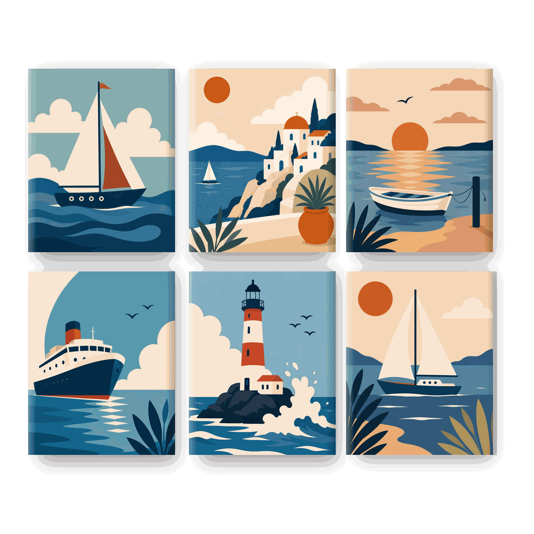 6 Mini Paintings | Sunset Boats Set
