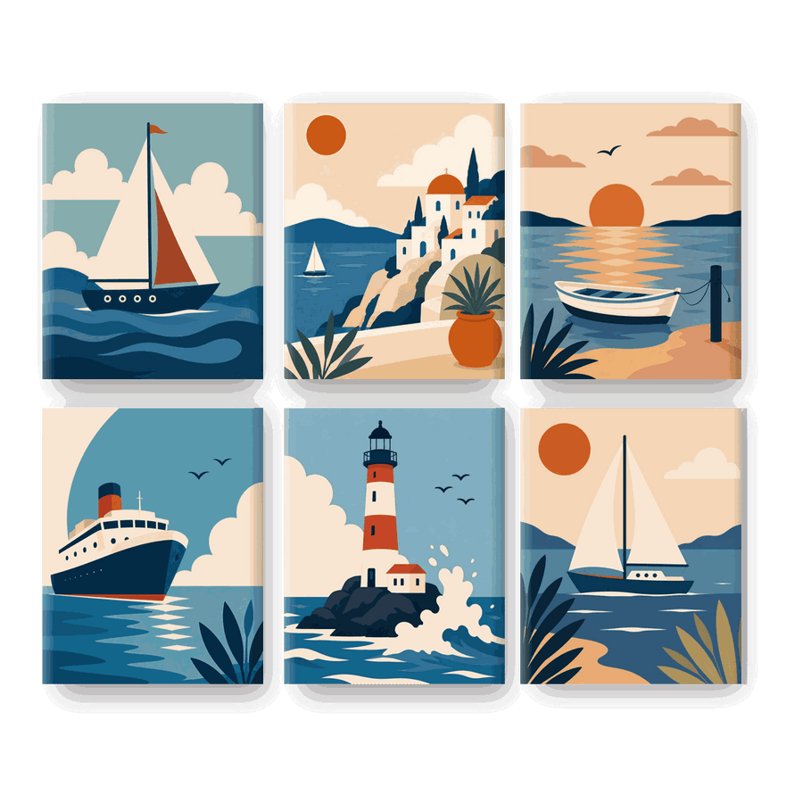6 Mini Paintings | Sunset Boats Set