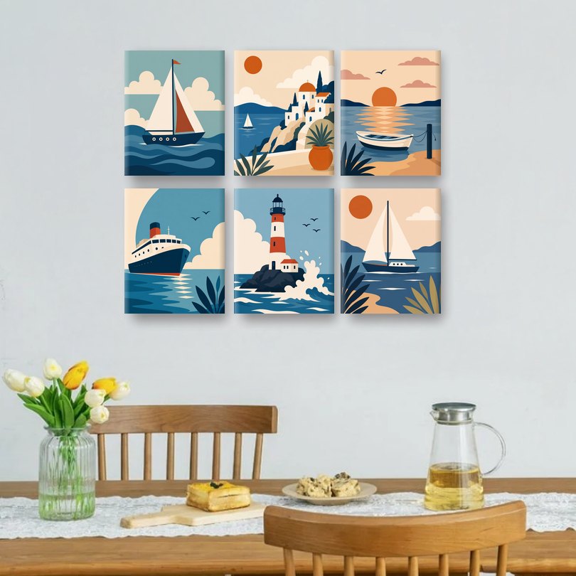 6 Mini Paintings | Sunset Boats Set