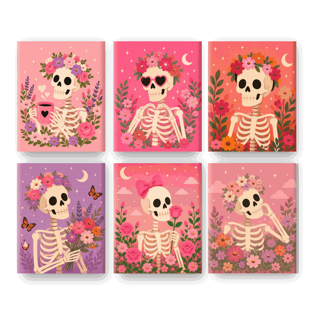 6 Mini Paintings | Floral Skeleton Set