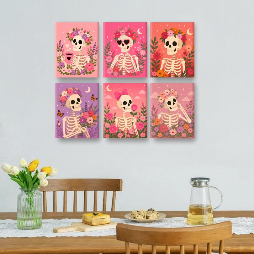 6 Mini Paintings | Floral Skeleton Set