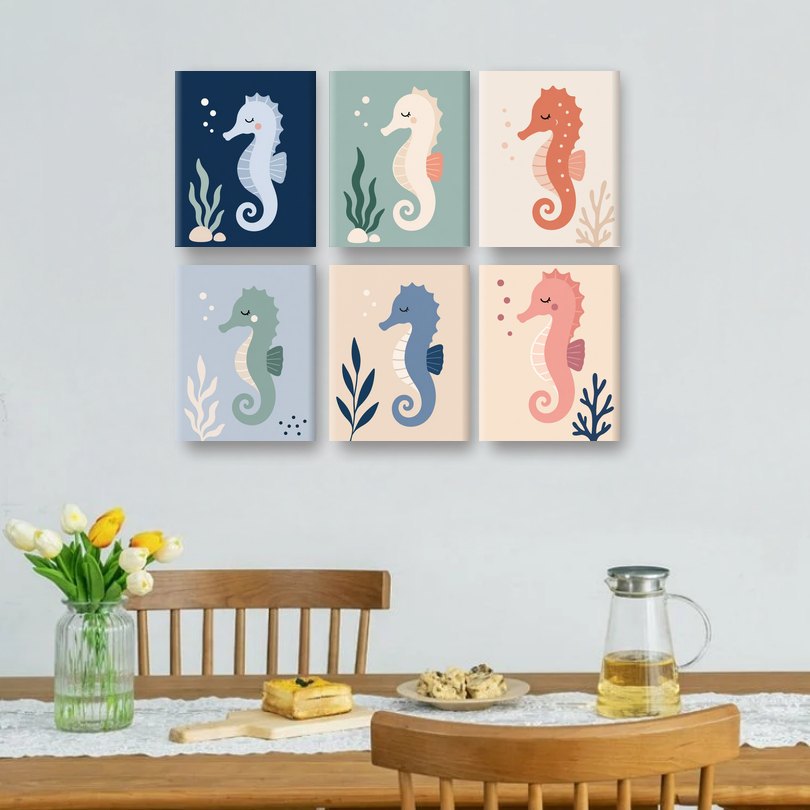 6 Mini Paintings | Colorful Seahorse Set