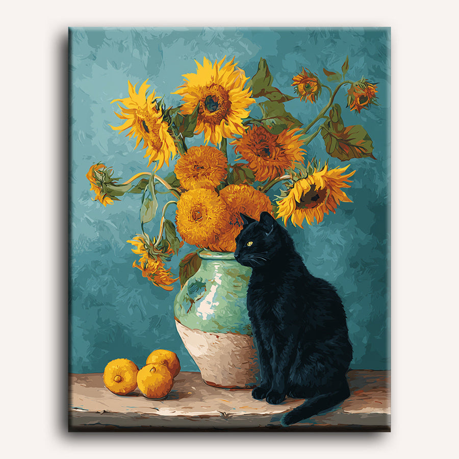 Famous Sunflowers and a Black Cat | Paint by Numbers